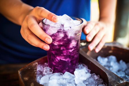 hand picking up a glass bottle of grape soda from a bucket of ice, created with generative aiの素材