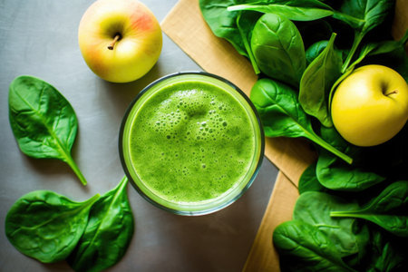 overhead shot of a green smoothie, fresh spinach, and cut apples on a table, created with generative aiの素材