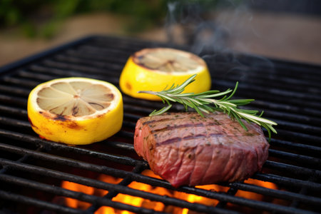 filet mignon, rosemary sprigs, and lemon on grill, created with generative aiの素材