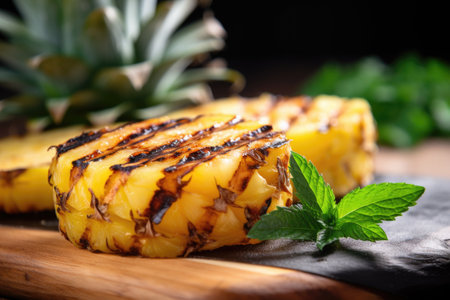 a half cut grilled pineapple placed vertically on a table, created with generative aiの素材