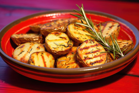 grilled potatoes and rosemary on a red ceramic plate, created with generative aiの素材