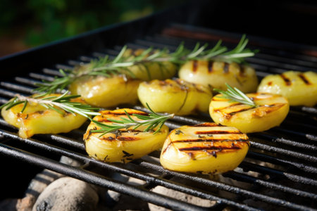 grilled potatoes with rosemary on open flame grill, created with generative aiの素材