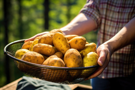 hand holding a basket of potatoes for grilling, created with generative aiの素材