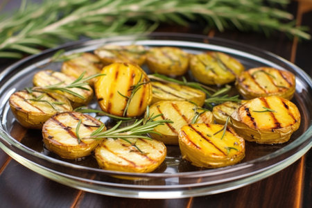 grilled potatoes with rosemary on a glass plate, created with generative aiの素材