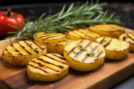 grilled potatoes with rosemary spriggs on a bamboo matt, created with generative aiの素材