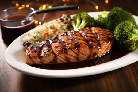 a grilled salmon steak glazed with tangy barbecue sauce, created with generative aiの素材