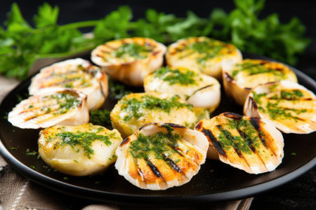 platter of grilled scallops being garnished with parsley, created with generative aiの素材