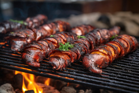 charred octopus on grill with smoke, created with generative aiの素材