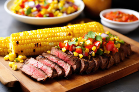 grilled sirloin steak with corn and bell peppers on side, created with generative aiの素材