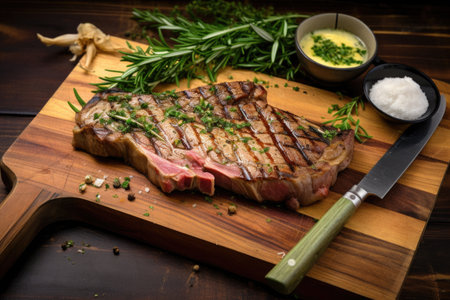 grilled t-bone steak on a chopping board with a knife, created with generative aiの素材