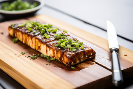 grilled tofu steak with a tofu knife resting on top, created with generative aiの素材