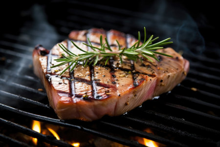 grilled tuna steak with rosemary sprigs on top, created with generative aiの素材