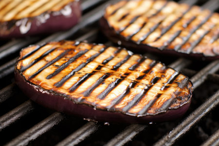 up close image of grill marks on a grilled eggplant slice, created with generative aiの素材