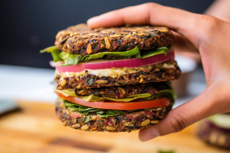 hand holding up a grilled veggie burger showing off its grilled marks, created with generative aiの素材
