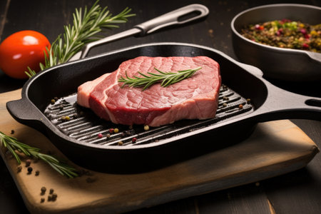 grill pan with raw steak and rosemary, created with generative aiの素材
