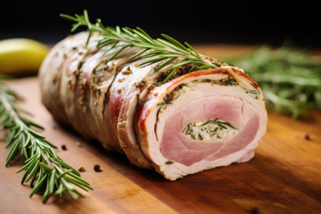 macro image of a rotating pork loin covered with rosemary and thyme, created with generative aiの素材