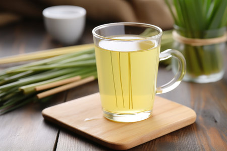 freshly brewed lemongrass tea with a stalk on the side, created with generative aiの素材