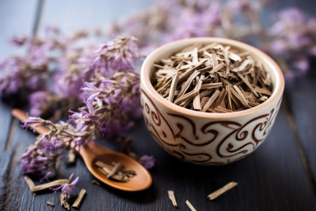 displaying dried root of valerian used in sleep-aid tea, created with generative aiの素材