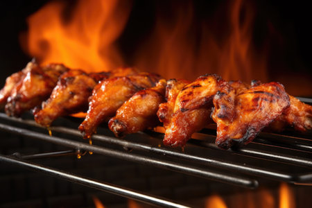 honey bbq wings on a bbq grill with flames beneath, created with generative aiの素材