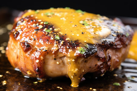 close-up of a honey mustard pork chop showing its juicy texture, created with generative aiの素材