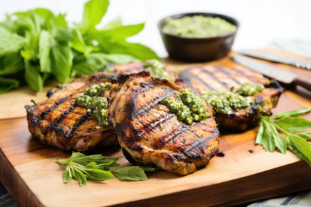 two grilled honey mustard pork chops with green herb dressing, created with generative aiの素材