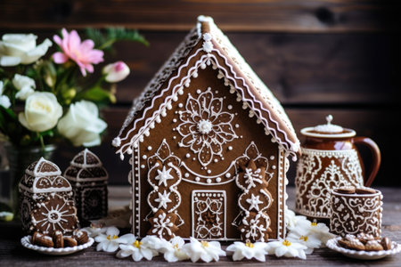 intricately decorated gingerbread house on a wooden board, created with generative aiの素材