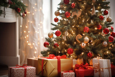 close-up of christmas tree with boxing day gifts beneath, created with generative aiの素材