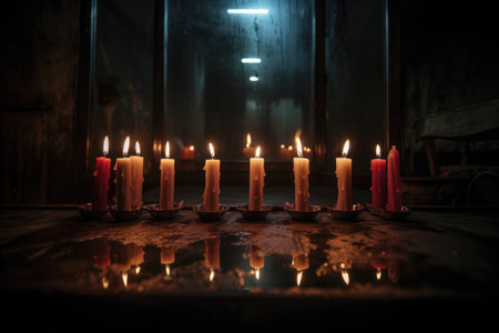 a low-angle shot of seven candles flickering in a dim room, created with generative aiの素材