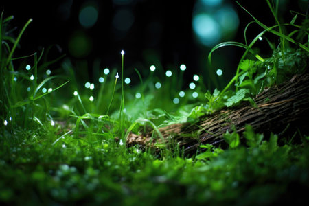 patch of green grass covered with fairy mushroom lights, created with generative aiの素材