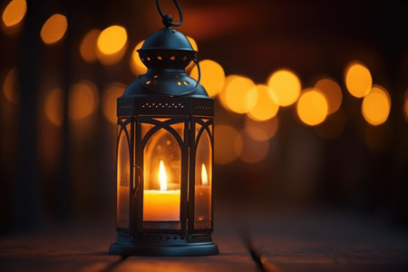 close-up of a lantern lit with a candle, created with generative aiの素材