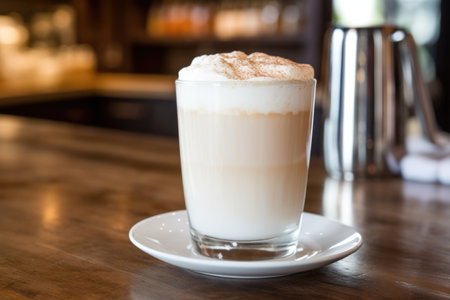 a frothy cappuccino in a large mug on a coffeehouse counter, created with generative aiの素材