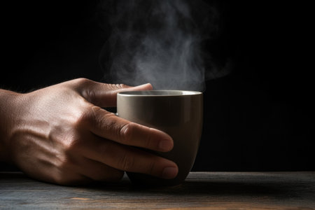 hand gripping the handle of a steaming coffee mug, created with generative aiの素材