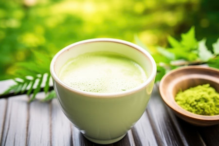 hot matcha latte in an earthenware mug on a sunny day, created with generative aiの素材