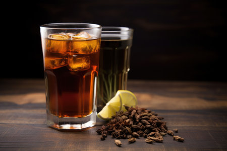 a thermal glass of hot herbal tea next to a cold cola drink, created with generative aiの素材