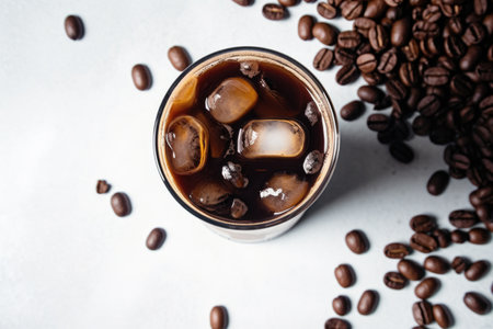 birds-eye view of cold brew coffee in a glass bottle, created with generative aiの素材