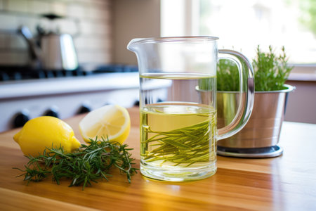 glass pitcher of cool herbal tea on a kitchen counter, created with generative aiの素材