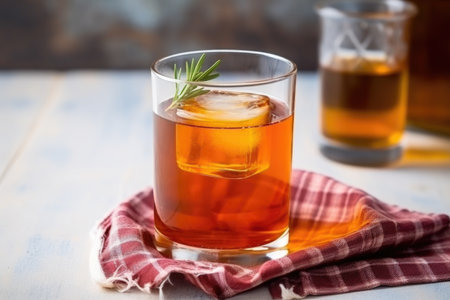 iced tea in a cylindrical glass with a handle, on a linen napkin, created with generative aiの素材