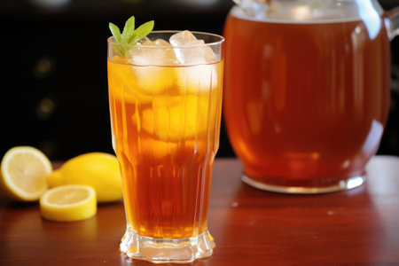 iced tea in a goblet-style glass, set beside a pitcher, created with generative aiの素材