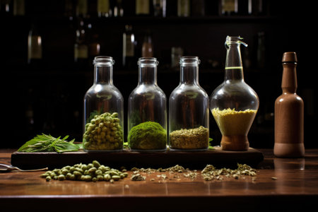 ipa beer in various stages: bottle, pour, head, drink, created with generative aiの素材