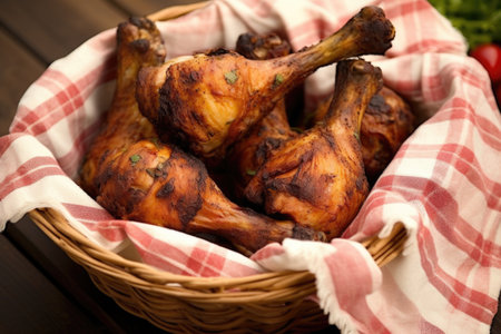 jerk chicken drumsticks on paper napkins in a basket, created with generative aiの素材