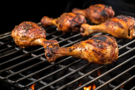 smoky jerk drumsticks on a clean black grill rack, created with generative aiの素材