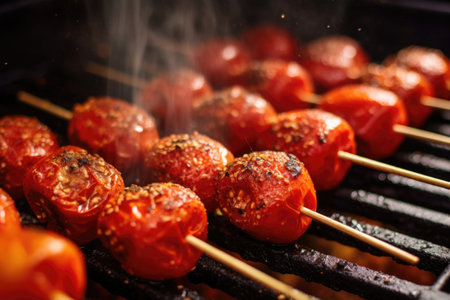 skewered tomatoes being dusted with cracked pepper, created with generative aiの素材
