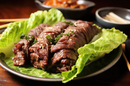 cooked bulgogi beef wrapped in fresh lettuce leaf on a plate, created with generative aiの素材