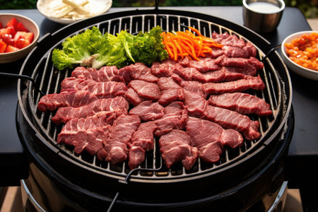 birds eye view of bulgogi beef sizzling on an outdoor grill, created with generative aiの素材