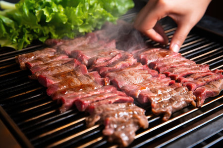 hand arranging bulgogi strips evenly on a grill, created with generative aiの素材