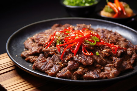 mouthwatering bulgogi with red chili pepper garnish, created with generative aiの素材