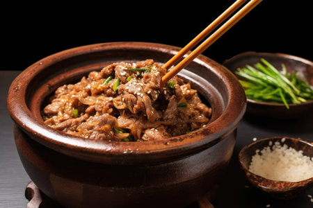 serving bulgogi with a spoon from a stone pot, created with generative aiの素材