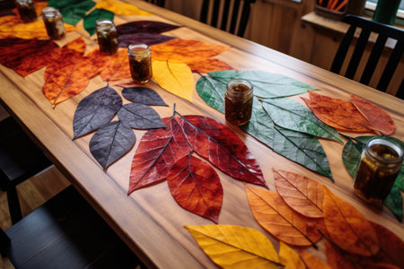 diy autumn leaf placemats on a wooden table, created with generative aiの素材