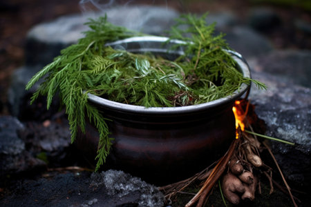 iron pot with traditional solstice herbs boiling outdoors, created with generative aiの素材