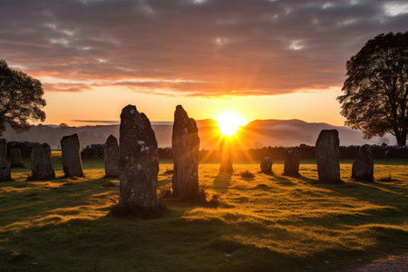 sunrise over a standing stone circle, created with generative aiの素材